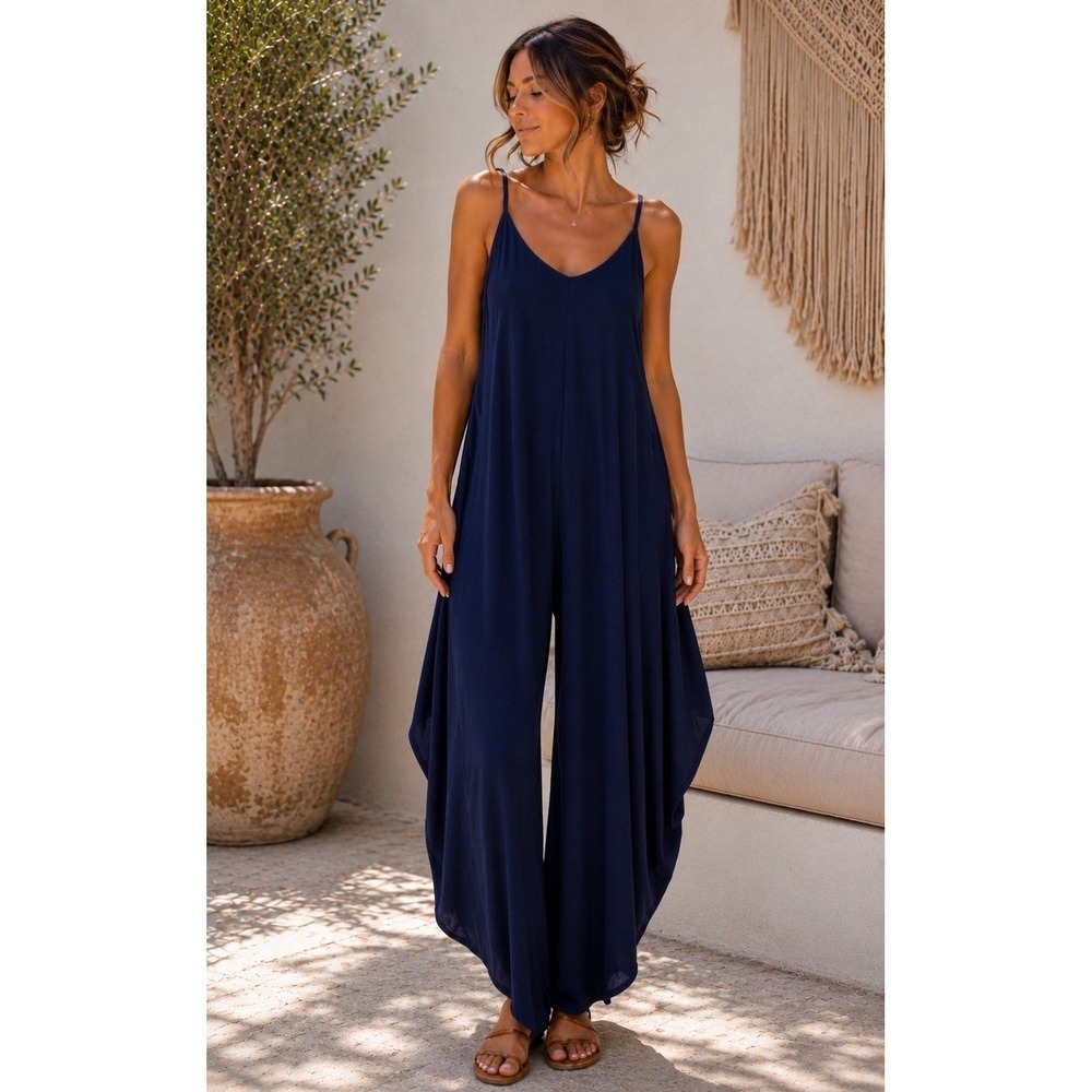 Sam & Jess Navy Blue Wide Leg Harem Jumpsuit Rayon Strappy Back Women's M